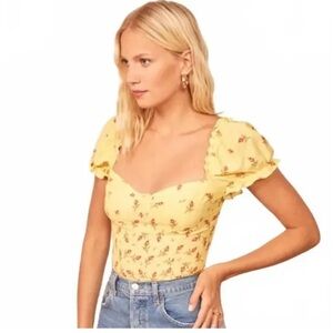 REFORMATION JEWEL TOP KENSINGTON SWEETHEART NECK YELLOW FLORAL SIZE 0